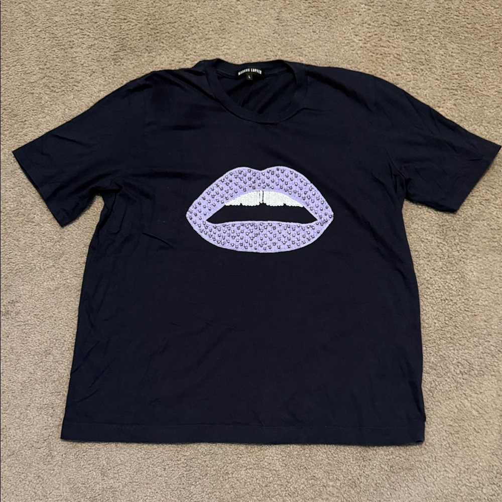 Markus Lupfer Navy Tee with Purple Lip Graphic